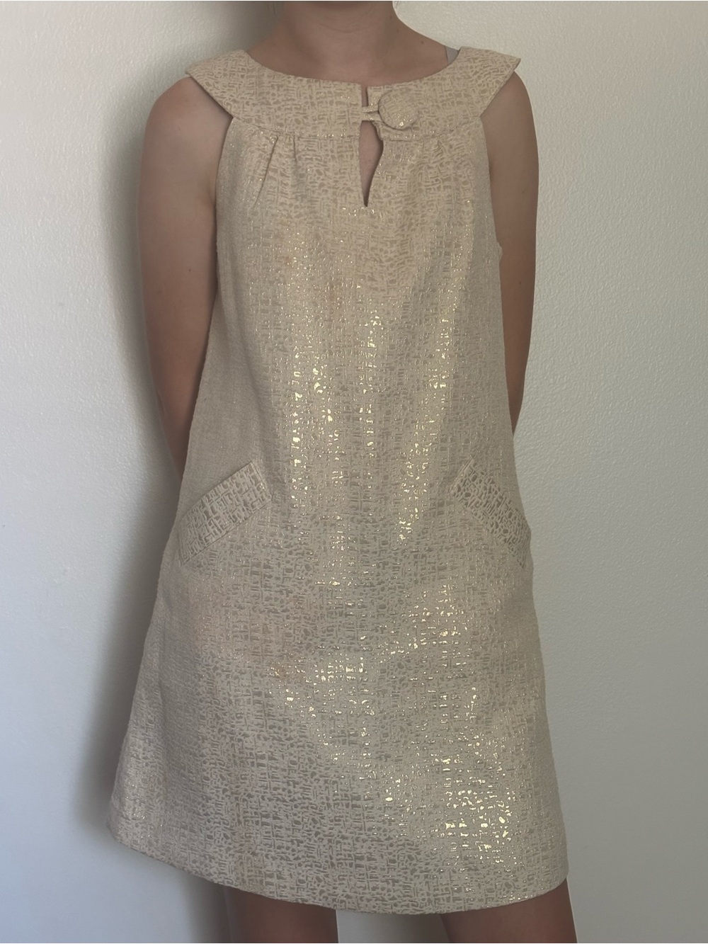 BB Dakota 70s Style Sleeveless Gold Textured Top with Button Collar